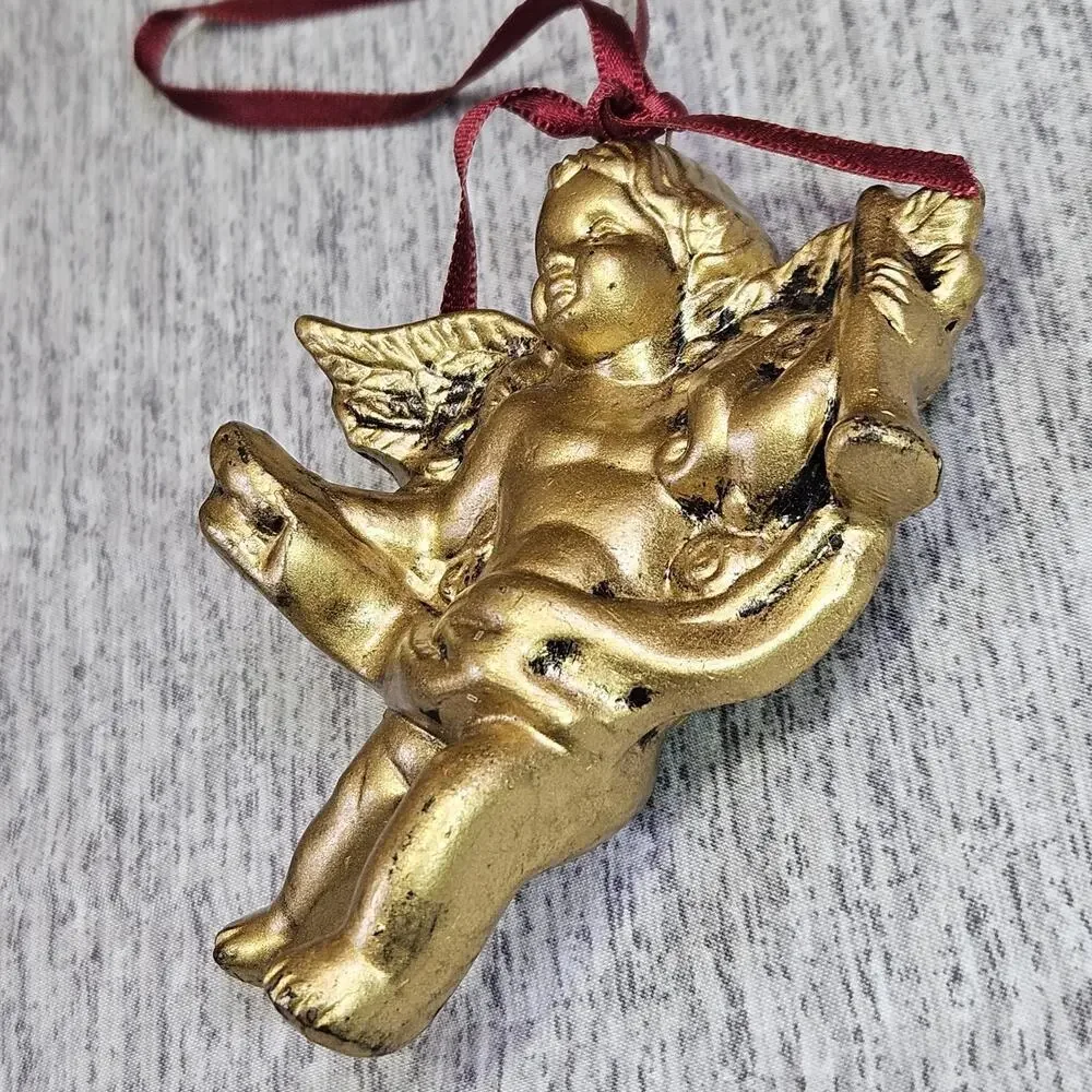 Vintage Christmas Ornament Angel Cherub Gold Finish Victorian Holiday Decoration